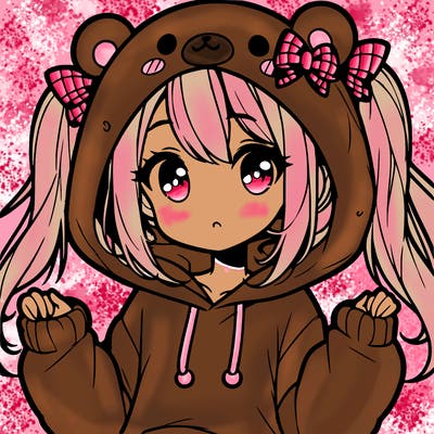 cute anime girl with ponytails and a cute bear hoodie