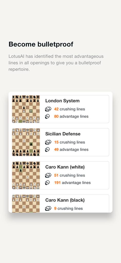 Lotus Chess – Opening Trainer - Lotus Chess app interface showing chess opening training statistics for London System, Sicilian Defense, and Caro Kann.