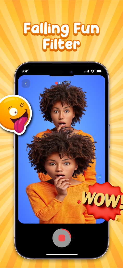 A smartphone screen displaying the falling filter effect with a duplicated image of a girl in an orange sweater