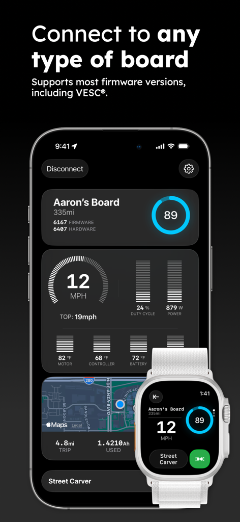 Nosedive - Interfaz de la aplicación Nosedive que muestra la velocidad de la patineta eléctrica y los niveles de batería en iPhone y Apple Watch