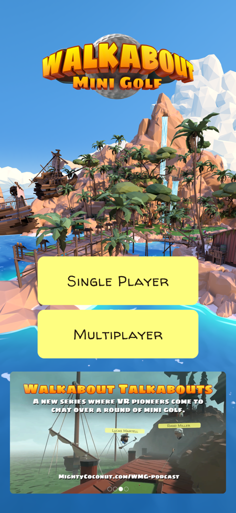 Walkabout Mini Golf - Pantalla del menú principal de Walkabout Mini Golf Pocket Edition con opciones para un jugador y multijugador contra un campo temático de isla pirata tropical