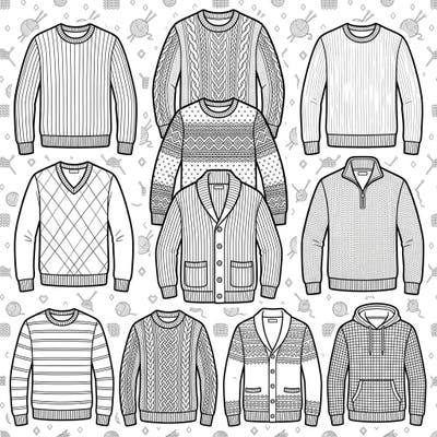 Dive into the world of men's fashion with this captivating coloring page featuring a wide array of stylish sweaters and cardigans. Explore intricate knit patterns and diverse designs, perfect for adding your personal touch to each cozy garment.