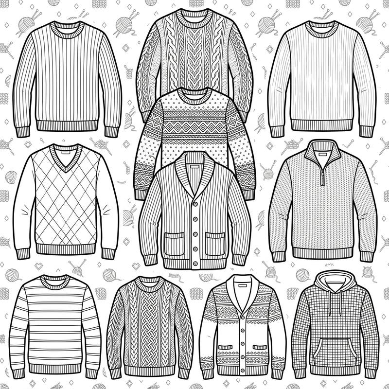 Dive into the world of men's fashion with this captivating coloring page featuring a wide array of stylish sweaters and cardigans. Explore intricate knit patterns and diverse designs, perfect for adding your personal touch to each cozy garment.
