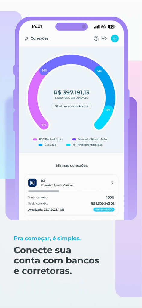 Kinvo: otimize investimentos - Kinvo app interface showing a consolidated balance dashboard with a colorful circular chart of connected bank and brokerage accounts.