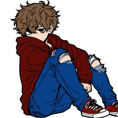 a male hoddie ripped jeans messy hair anime