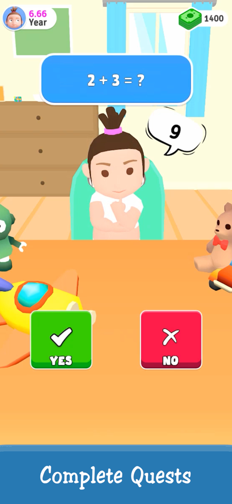 Uma captura de tela do Simulador de História de Vida mostrando um bebê resolvendo uma missão de problema de matemática