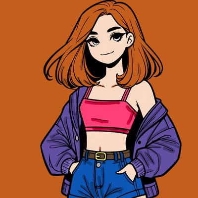a realistic girl with a crop top and short shorts in an open jacket