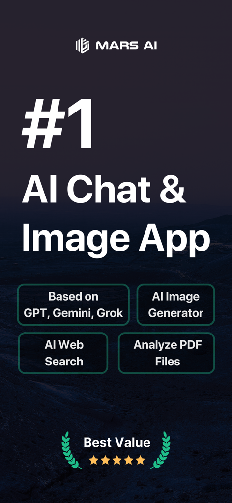 Mars AI: Your AI Assistant - L'application Mars AI présente ses capacités de chat IA et de génération d'images, y compris GPT Gemini Grok recherche web et analyse PDF.