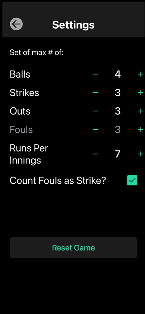 UMP Clickers - Settings screen in UMP Clickers app showing options to customize max balls, strikes, outs, and game rules