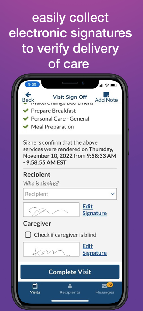 Mobile Caregiver plus app screen showing visit sign off with electronic signatures for care verification