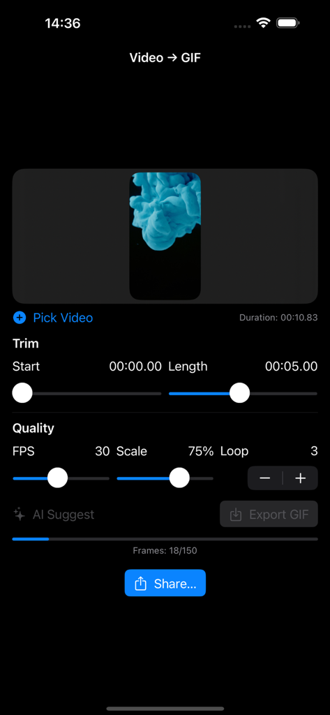 GIF Maker Pro + - Interface do aplicativo GIF Maker Pro plus mostrando ferramentas de edição de vídeo para GIF com configurações de corte e qualidade