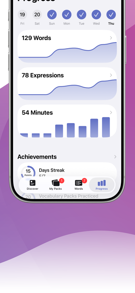 Panel de progreso de la aplicación LENGO mostrando expresiones de conteo de palabras y minutos de aprendizaje diario con una racha de 15 días