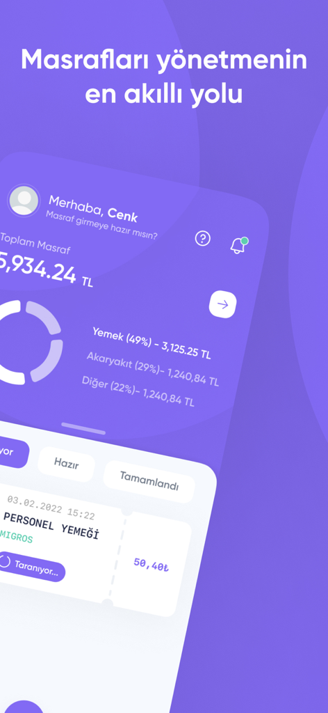 Masraff - Masraff mobile app dashboard displaying total expenses by category and automated receipt scanning progress