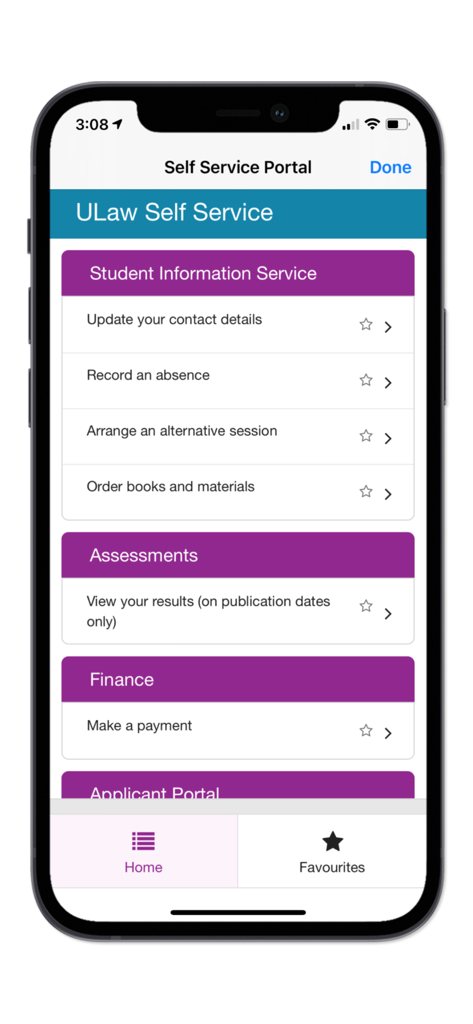 Screenshot of the My ULaw student self-service portal on iPhone showing sections for student information assessments and finance