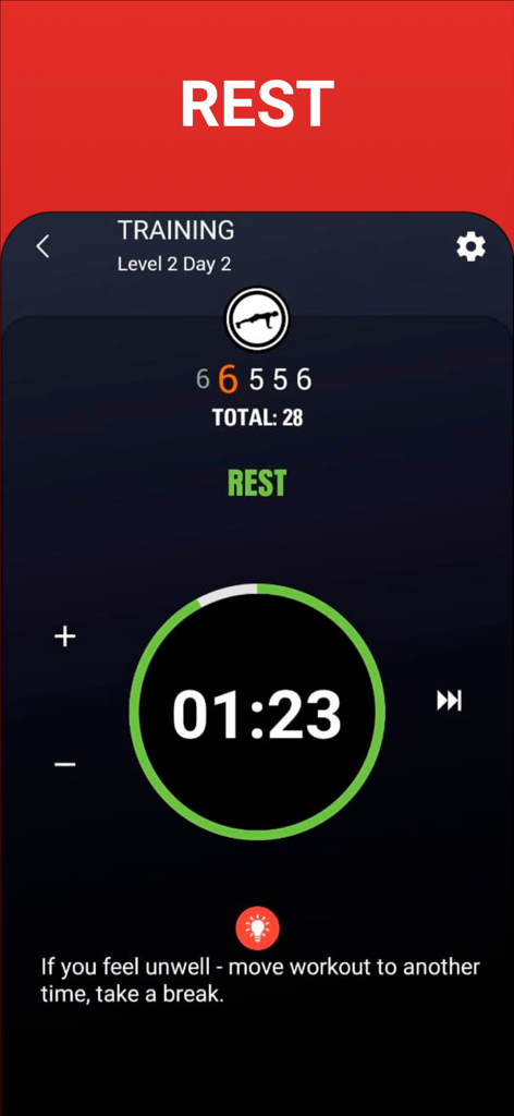 100 Pushups BeStronger Workout - Rest timer screen in the 100 Pushups BeStronger Workout app showing training progress and a countdown clock