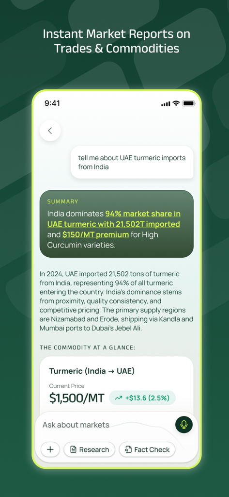 Tradyon - Tradyon mobile app interface showing instant market reports for agricultural commodities including turmeric trade data and pricing