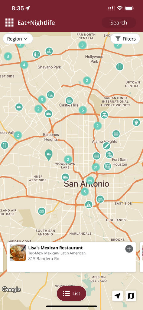 Visit San Antonio TX - サンアントニオ旅行アプリのレストランやナイトライフスポットが多数表示された地図ビュー