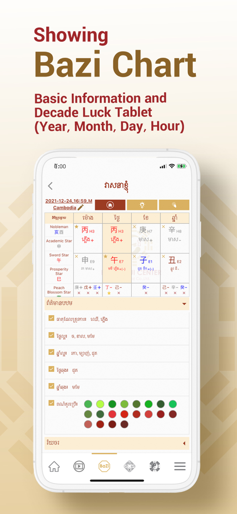 Bazi chart interface showing astrological information and luck factors
