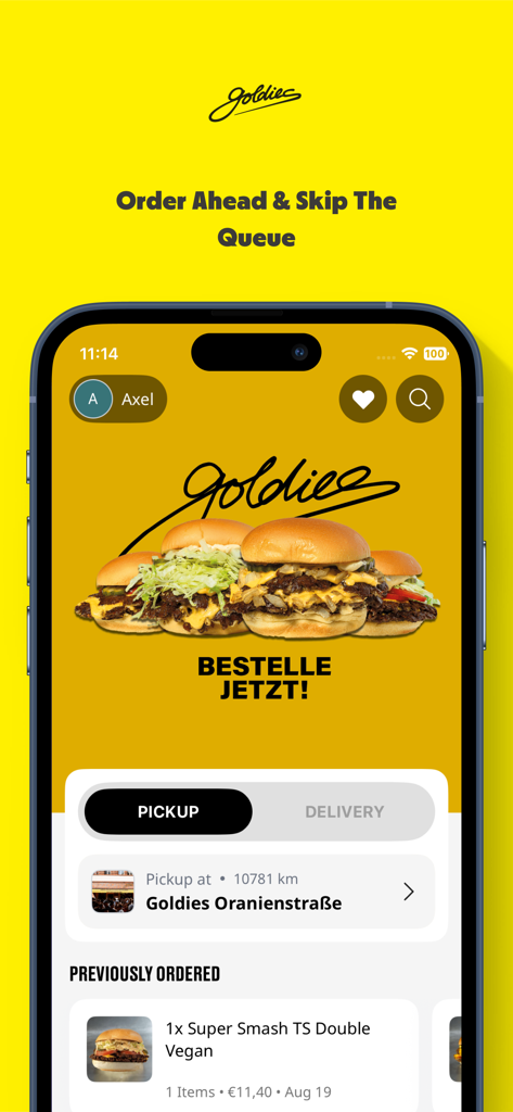 App mobile Goldies Smashburger che mostra la schermata principale con opzioni di hamburger e impostazioni per ordini da asporto