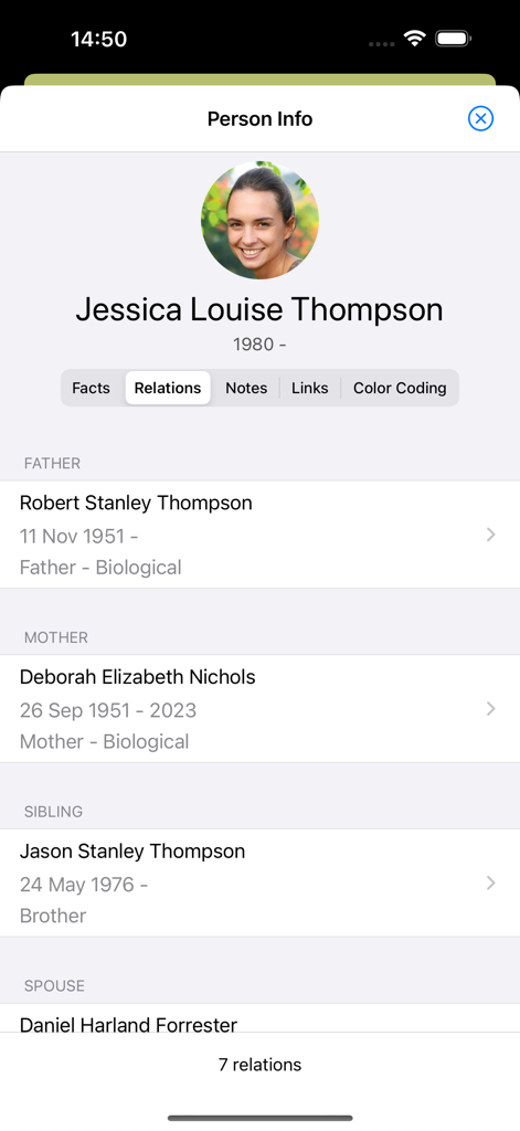 Family tree relations view for an individual in the Family Tree Maker Connect app showing parents and siblings.