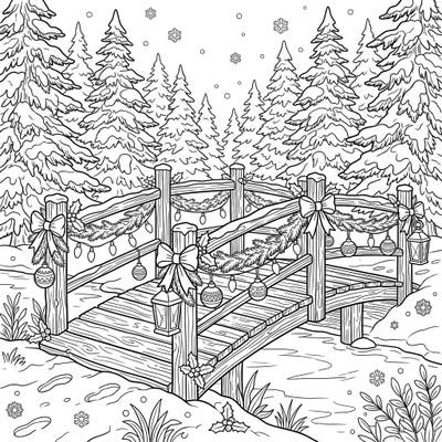 Journey to a charming winter scene with this beautifully detailed coloring page featuring a wooden bridge decked out for Christmas. Perfect for adults and teens, it offers a delightful way to celebrate the holiday season through art.