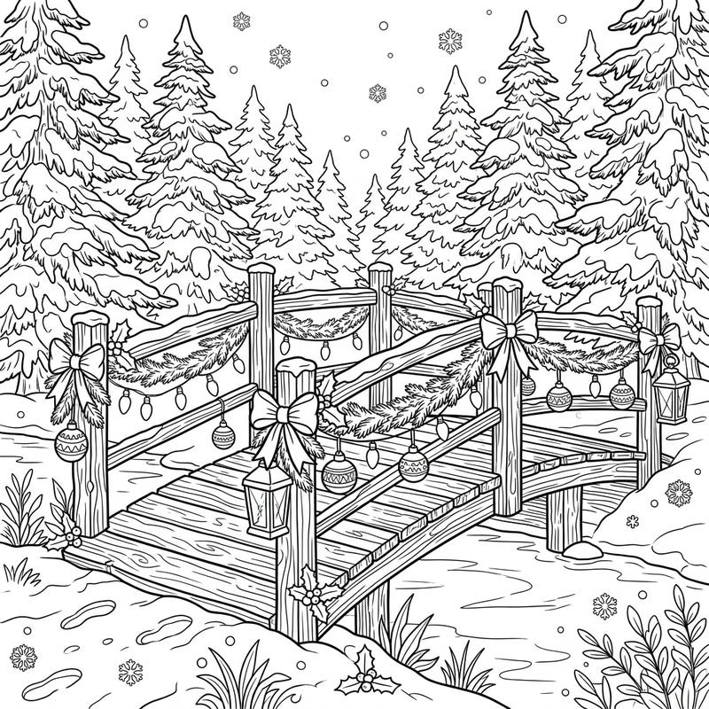Journey to a charming winter scene with this beautifully detailed coloring page featuring a wooden bridge decked out for Christmas. Perfect for adults and teens, it offers a delightful way to celebrate the holiday season through art.