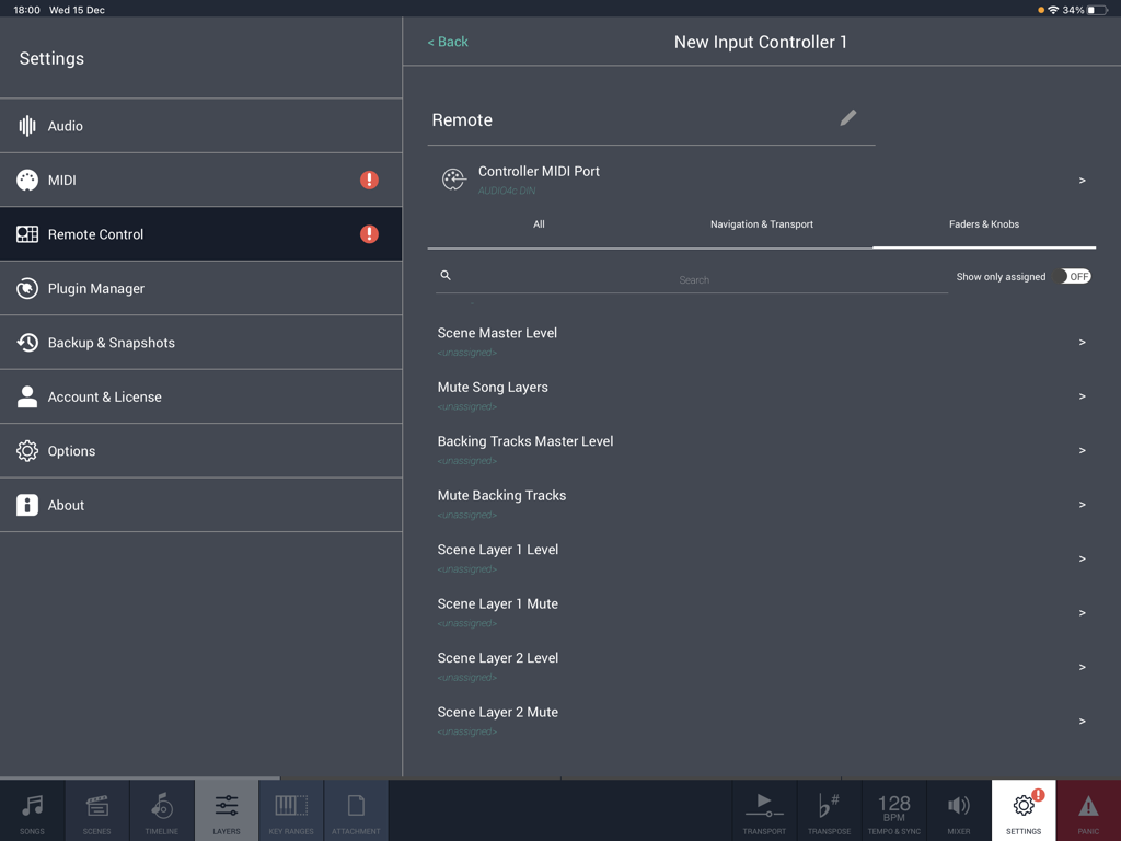 Camelot Pro app interface showing the remote control settings for mapping MIDI faders and knobs