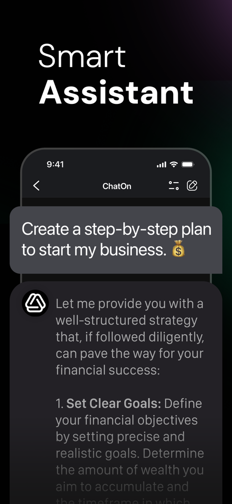 Interfaz de una aplicación móvil que muestra ChatOn AI generando un plan de estrategia empresarial paso a paso.