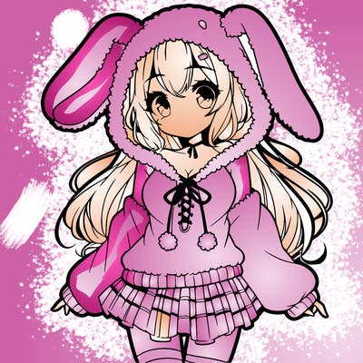 pretty anime girl wearing a fluffy hoodie with bunny ears on the hood and a skirt