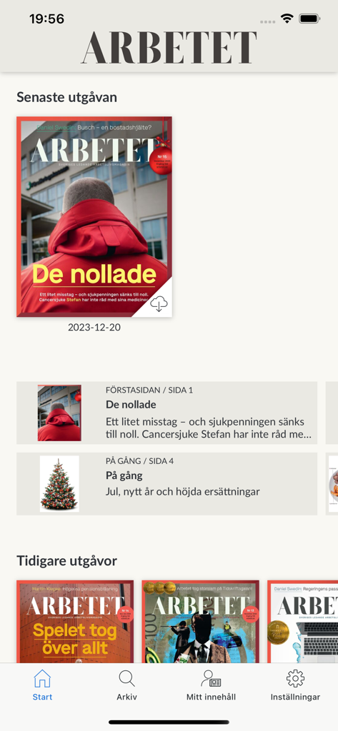Arbetet - Arbetet app home screen displaying latest and previous digital magazine issues with a bottom navigation bar.