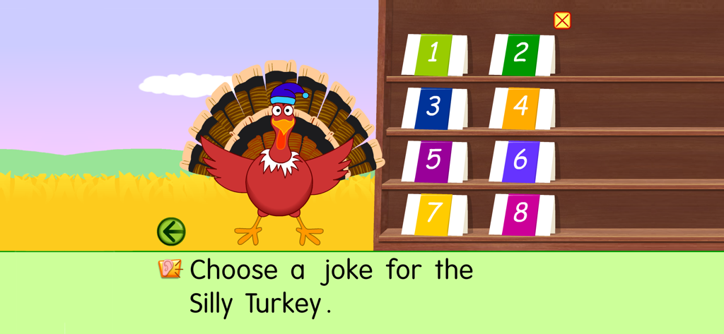 A cartoon turkey standing next to a shelf of numbered joke cards in the Starfall Turkey app.
