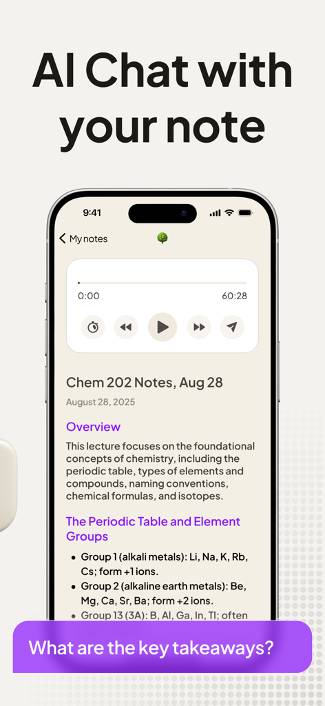 Coconote app interface showing AI chat feature interacting with chemistry lecture notes