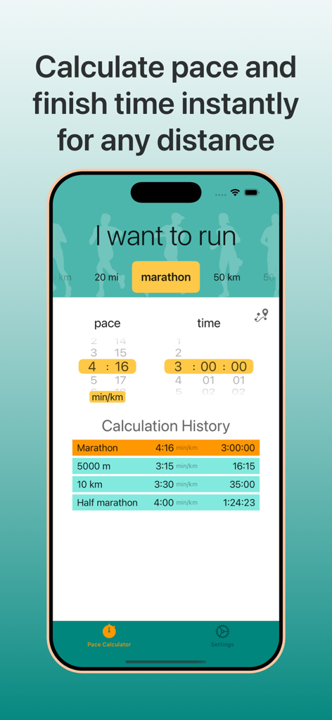 I Want to Run: Race Pace Calc - Race pace calculator app showing marathon time calculation and history