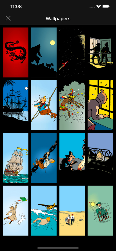 The Adventures of Tintin - A grid of high-quality digital wallpapers from The Adventures of Tintin app featuring iconic comic scenes.