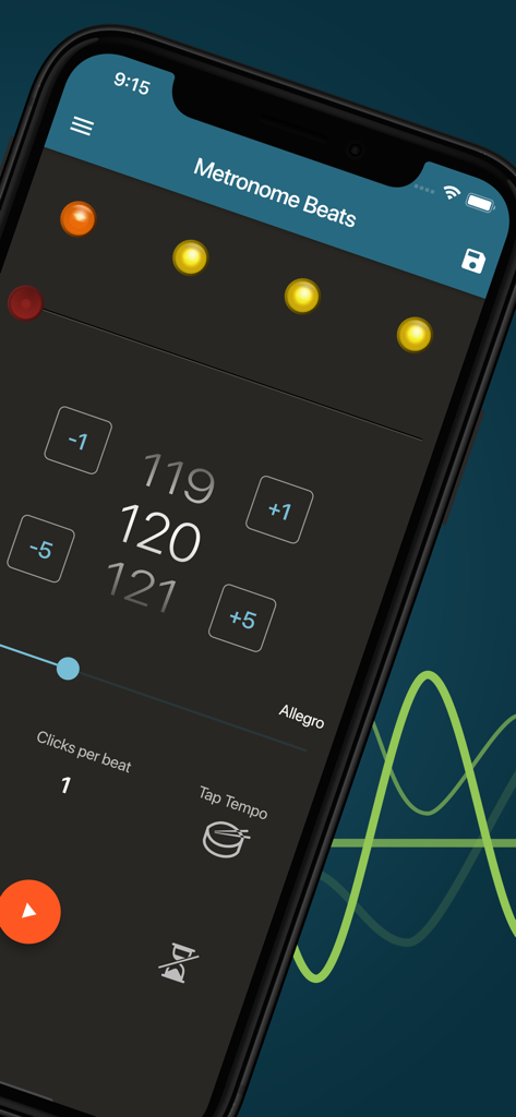 Metronome Beats Pro app interface showing 120 BPM tempo settings and visual beat indicators.