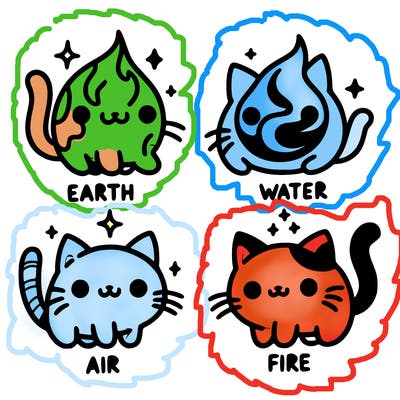 4 cats that represent the different elements, earth, water, air, and fire