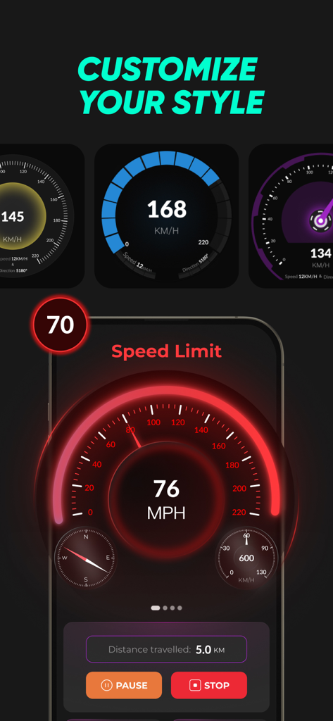 Speedometer Pro: GPS Tracker - Interface do aplicativo Speedometer Pro mostrando vários estilos de medidor digital personalizáveis e um rastreador de limite de velocidade em tempo real.