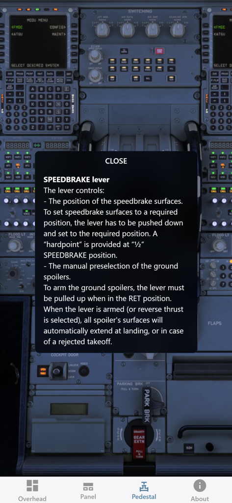 Detailed description of the A320 speedbrake lever on the cockpit pedestal view