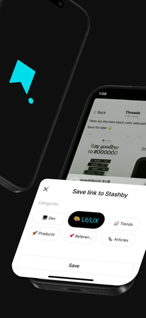 Stashby: Bookmark Manager - Stashby app interface showing categories for saving and organizing web links