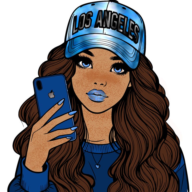 realistic beautiful girl wearing los ángeles cap holding an iphone