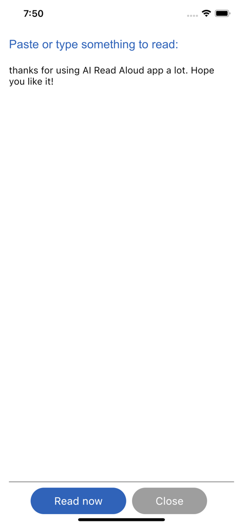 AI Read Aloud Text To Speech - Interface for pasting or typing text to read aloud with a Read now button