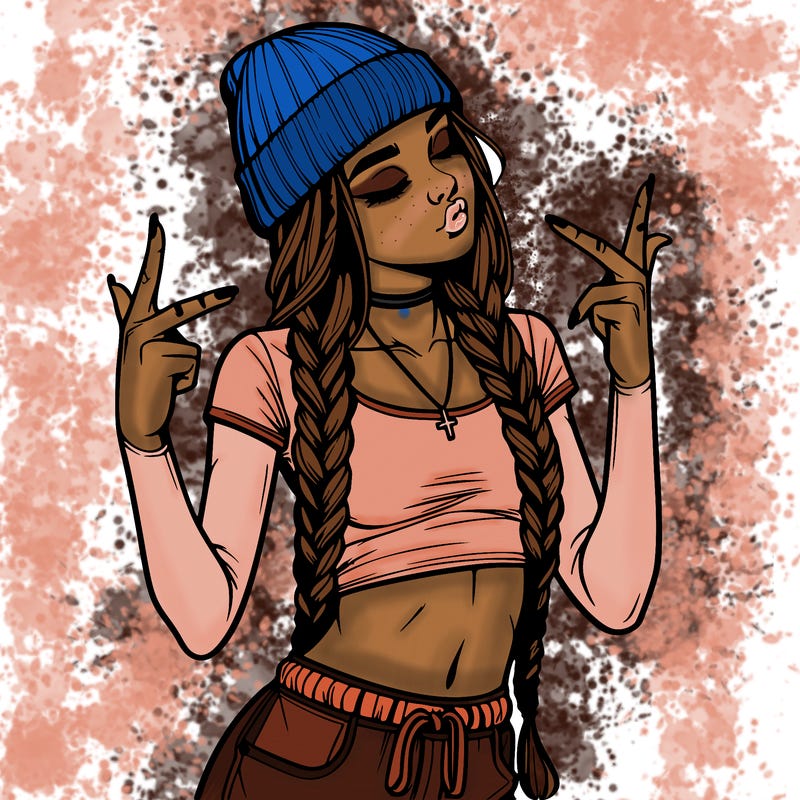 realistic teenage girl with braids and a beanie and crop top doing 🫶🏼