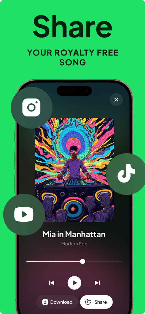 Songi - AI Music & Cover Maker - Una interfaz móvil para compartir música generada por IA libre de regalías en plataformas de redes sociales como TikTok e Instagram