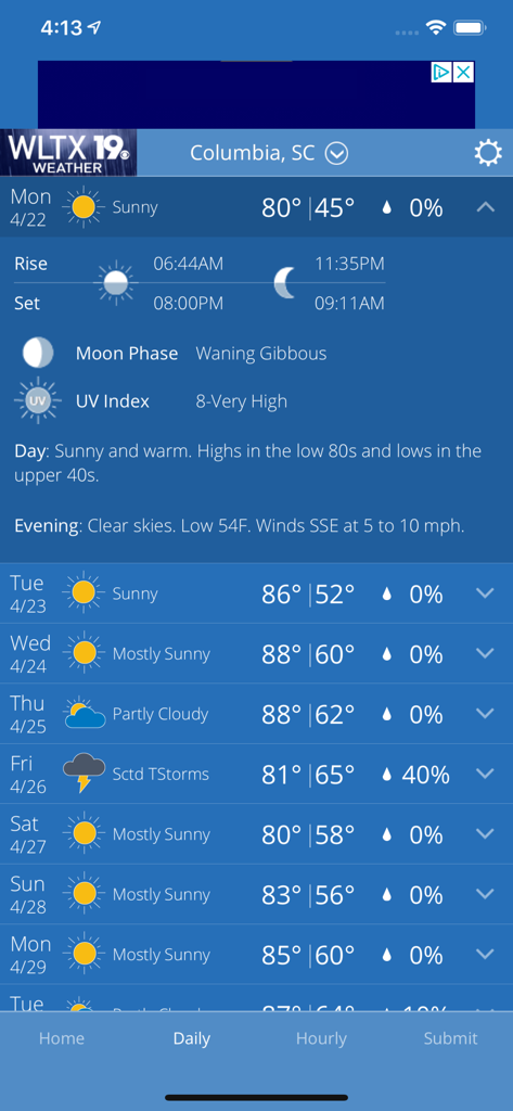 WLTX Weather app daily forecast screen for Columbia South Carolina showing temperature and a seven-day outlook