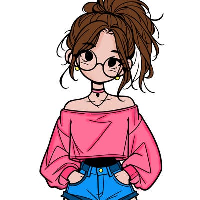 girl with a messy ponytail glasses a baggy crop top and jean shorts