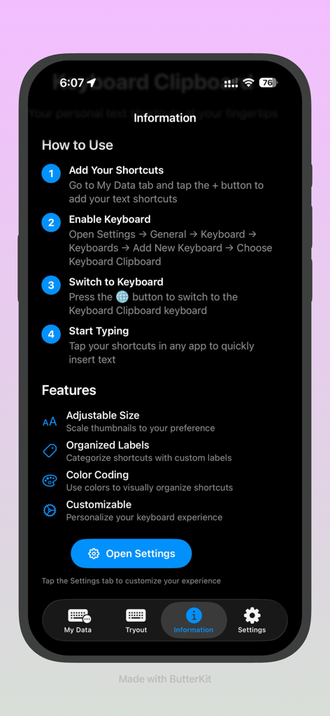 Keyboard Clipboard - Pantalla de información de la aplicación Keyboard Clipboard que muestra cómo usar la aplicación y sus funciones principales.