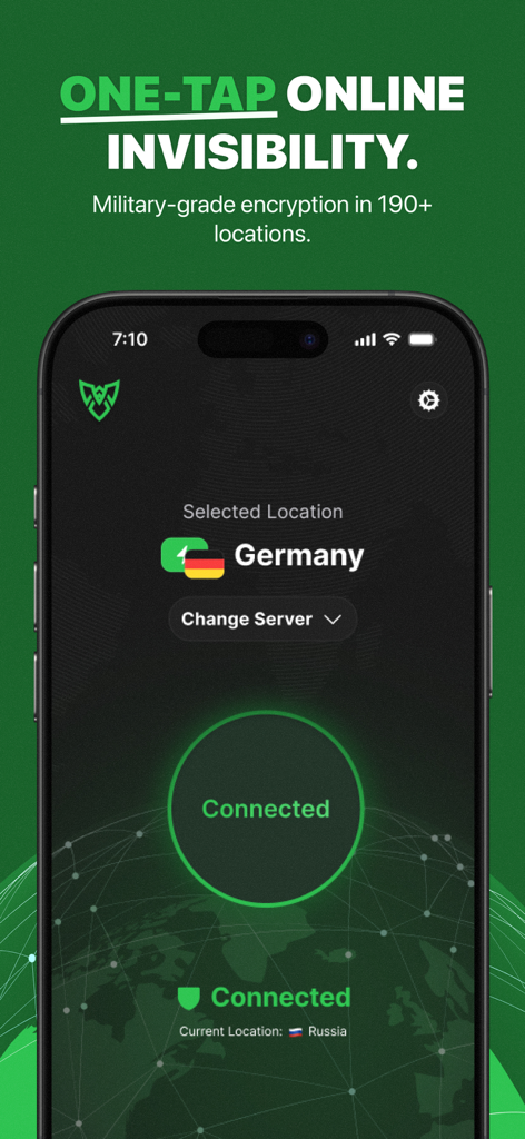 Urban Shield VPN - Urban Shield VPN mobile app interface showing a connected status to a server in Germany with the headline One Tap Online Invisibility