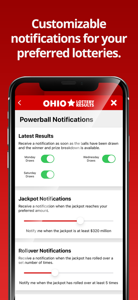 Customizable notification settings for lottery draws and jackpots in the Ohio Lottery Numbers app