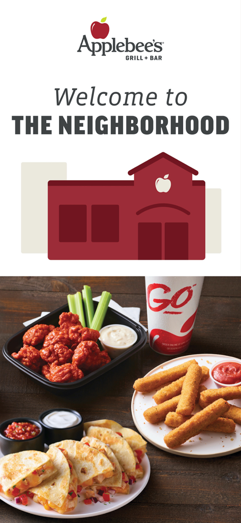 Applebees app welcome screen showing wings quesadillas and mozzarella sticks