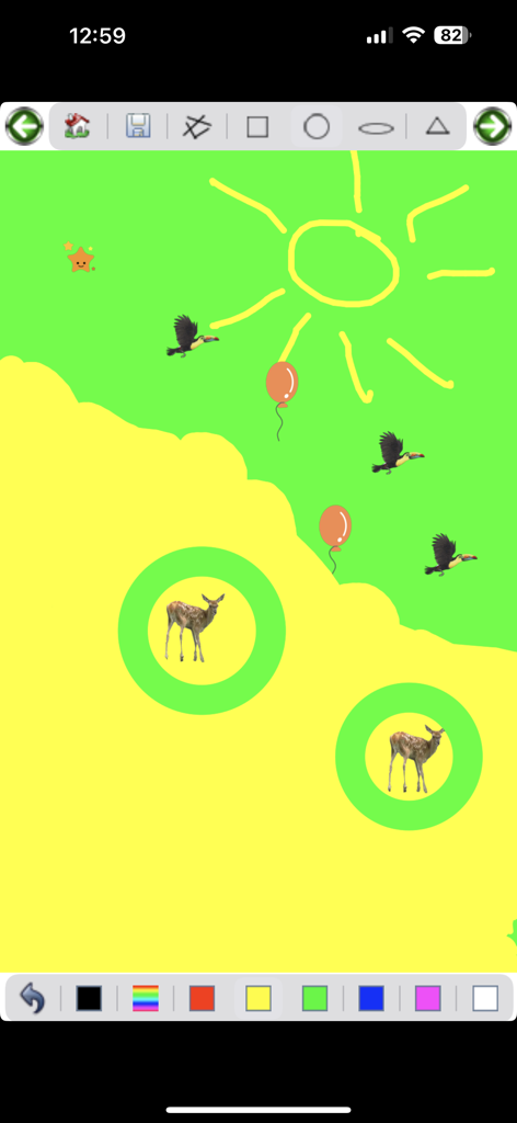 Paint - Interface of the Paint app showing a simple colorful drawing with a sun birds and deer stamps